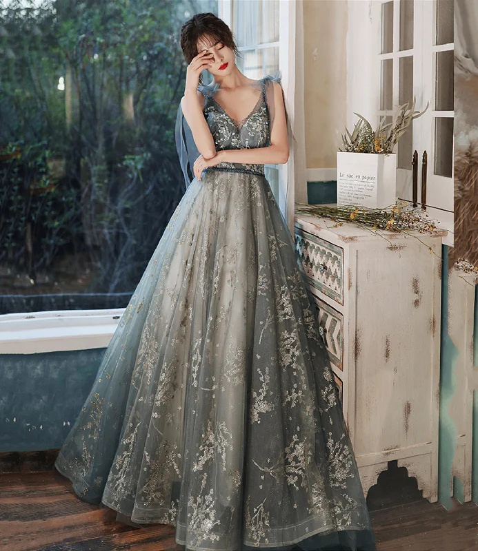 Prom dresses with glitter-Gray tulle sequins long prom dress evening dress 8968