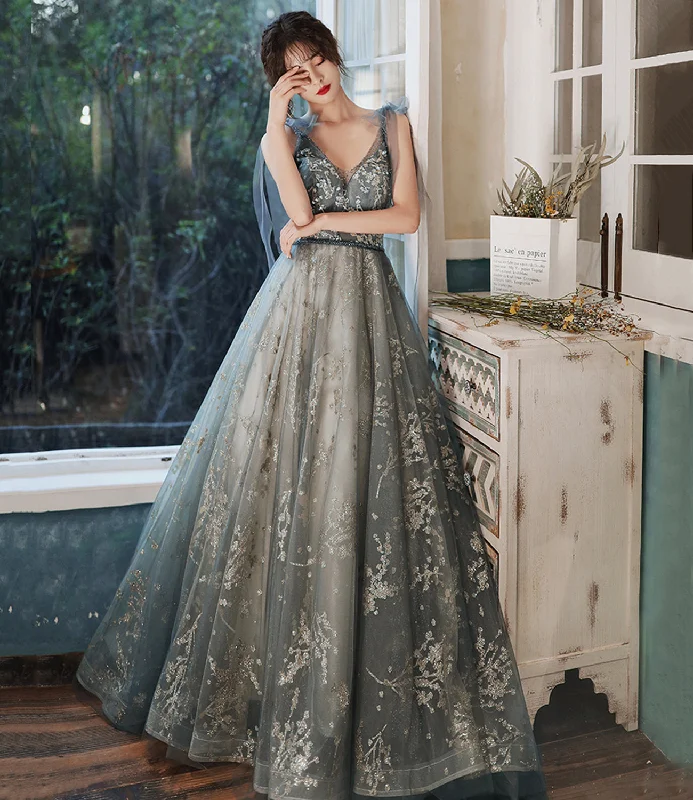 Soft pastels for prom dress styles-Gray tulle sequins long prom dress evening gown  10121