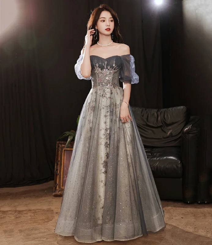 Tulle prom dresses for a princess look-Gray tulle sequins long prom dress gray evening dress  10252