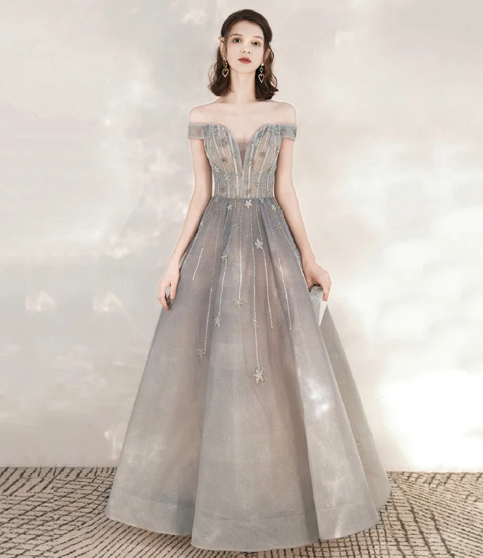 Two-piece prom dresses with skirts-Gray tulle sequins long prom dress with star 10545 Two-piece prom dresses with skirts-Gray tulle sequins long prom dress with star 10545