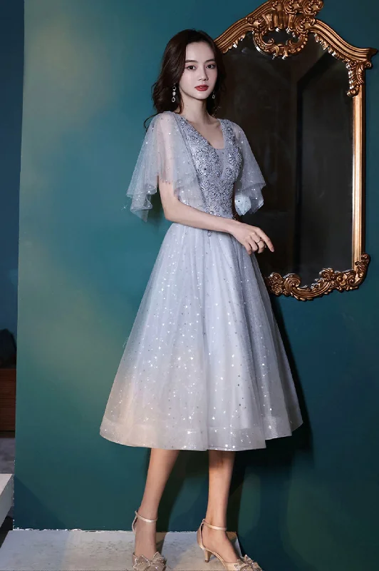Elegant prom dresses for women-Gray tulle sequins short prom dress homecoming dress 10611 Elegant prom dresses for women-Gray tulle sequins short prom dress homecoming dress 10611