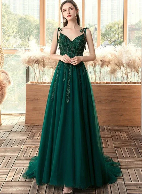 Prom dresses with wedges-Green Beaded V-Neckline Straps Tulle Long Formal Dress, Dark Green A-Line Prom Dress gh78 Prom dresses with wedges-Green Beaded V-Neckline Straps Tulle Long Formal Dress, Dark Green A-Line Prom Dress gh78