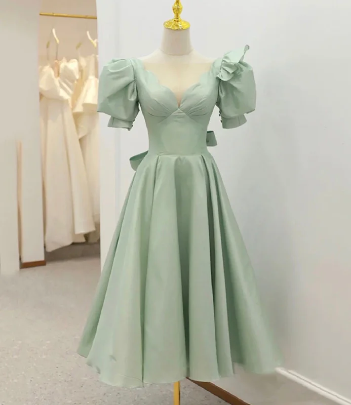 Ruffled prom dresses for extra flair-Green satin short A line prom dress party dress 8834 Ruffled prom dresses for extra flair-Green satin short A line prom dress party dress 8834