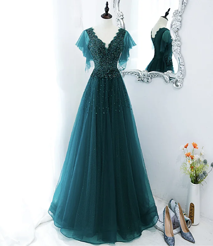 Mermaid style prom dresses for a bold look-Green tulle beads long prom dress evening gown  10272