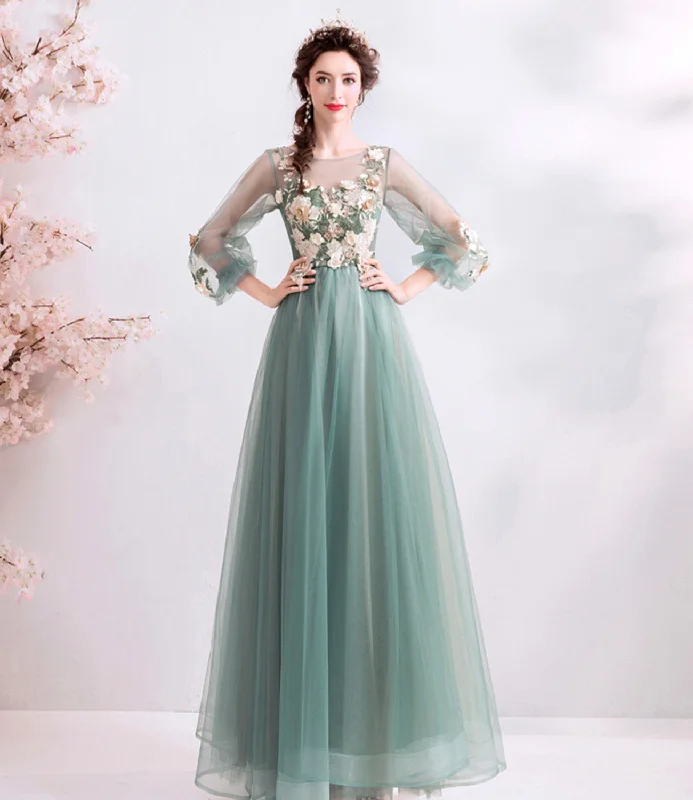 Classic black prom dresses for elegance-Green tulle lace long A line prom dress evening dress 8925 Classic black prom dresses for elegance-Green tulle lace long A line prom dress evening dress 8925