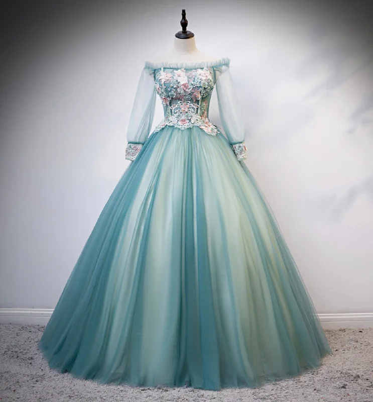 Long prom dresses with trains-Green tulle lace long ball gown dress formal dress 8617 Long prom dresses with trains-Green tulle lace long ball gown dress formal dress 8617