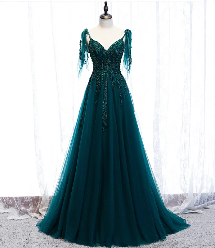 Prom dresses with floral prints-Green tulle lace long prom dress A line evening dress 10357 Prom dresses with floral prints-Green tulle lace long prom dress A line evening dress 10357