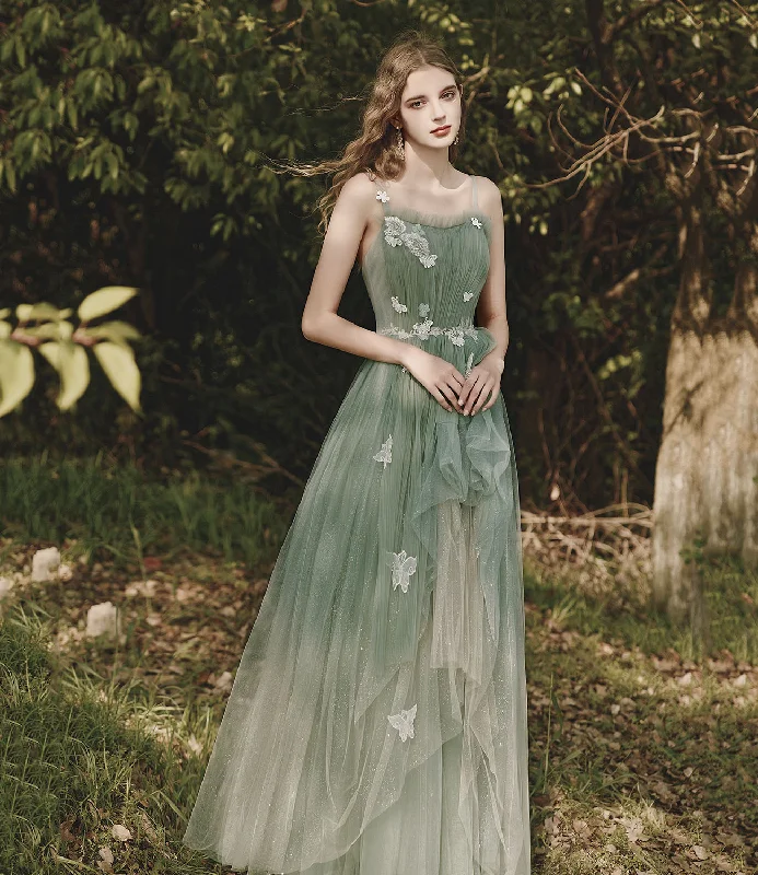 Unique color-block prom dresses-Green tulle lace long prom dress A line evening dress  10419