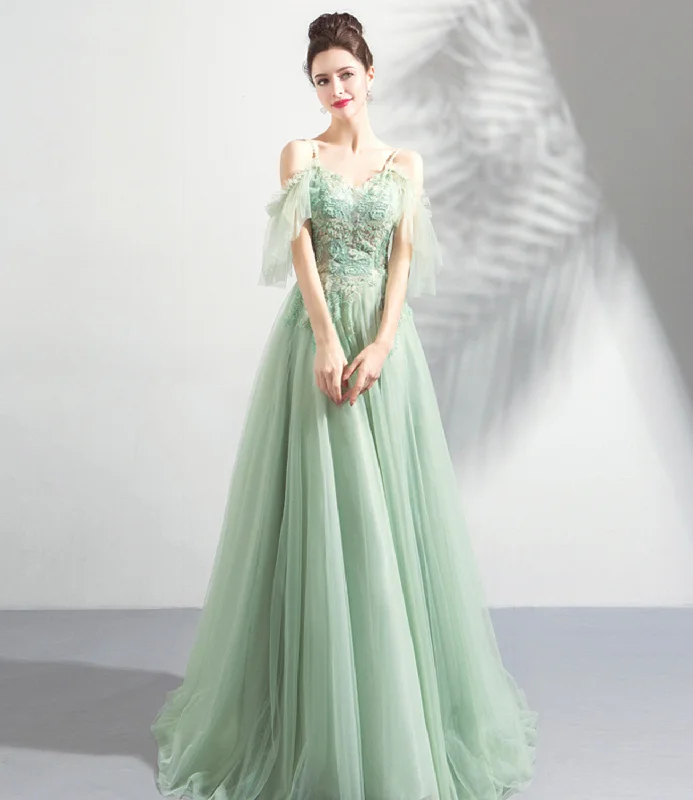 Cheap prom dresses under $100-Green tulle lace long prom dress A line evening dress 10575 Cheap prom dresses under $100-Green tulle lace long prom dress A line evening dress 10575
