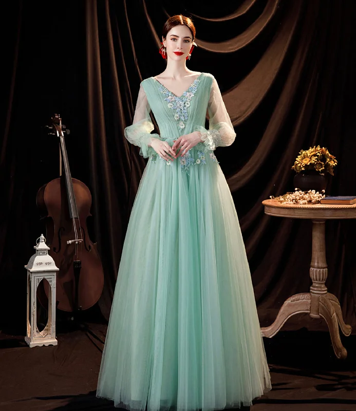 Prom dresses with feather accents-Green tulle lace long prom dress green evening dress 10535 Prom dresses with feather accents-Green tulle lace long prom dress green evening dress 10535