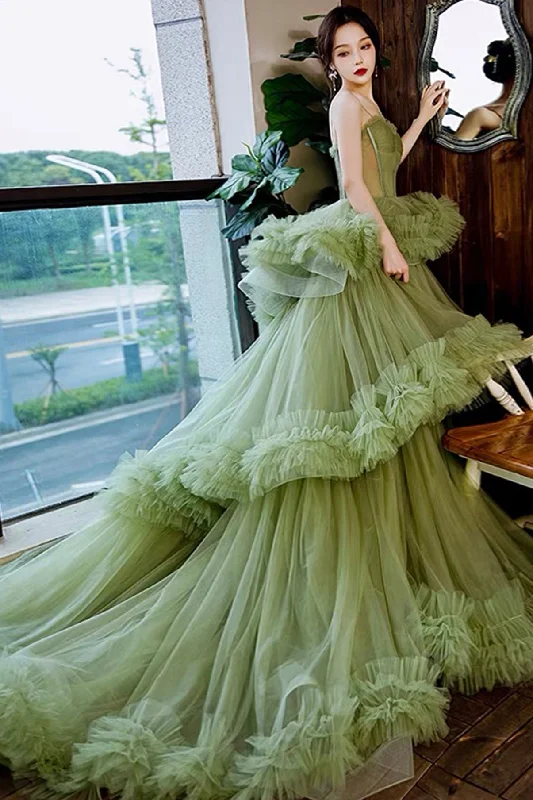 Best prom dresses for hourglass shapes-Green tulle long A line prom dress green evening dress 8809 Best prom dresses for hourglass shapes-Green tulle long A line prom dress green evening dress 8809