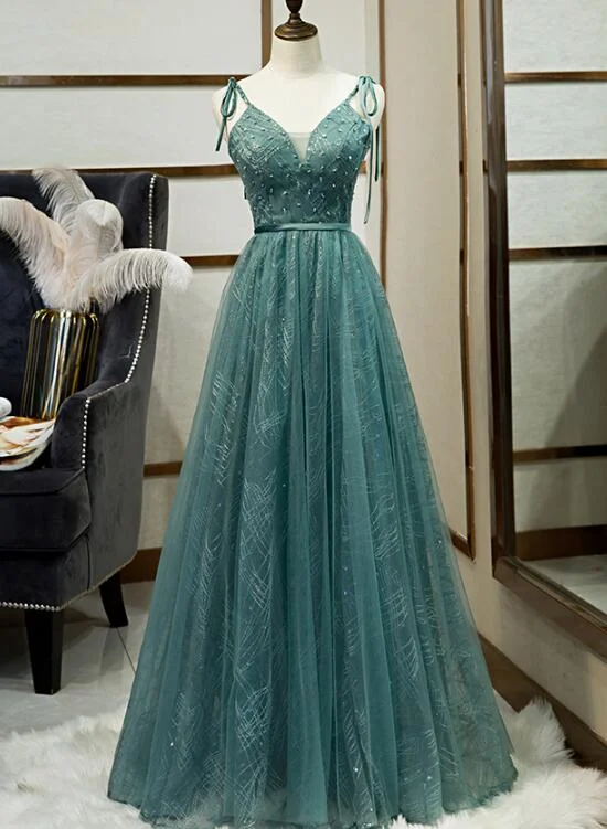 Modern mermaid prom dresses for dramatic flair-Green Tulle Long Prom Dress, New V-Neckline Straps Long Party Dress gh286 Modern mermaid prom dresses for dramatic flair-Green Tulle Long Prom Dress, New V-Neckline Straps Long Party Dress gh286