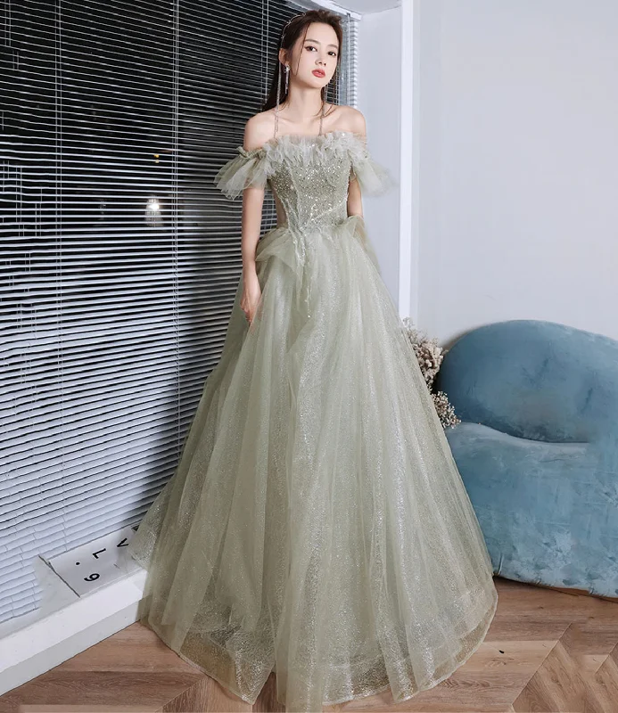 High-low prom dresses for a modern twist-Green tulle sequins long prom dress A line evening dress 10225 High-low prom dresses for a modern twist-Green tulle sequins long prom dress A line evening dress 10225