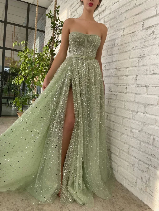 Stunning prom dresses with sequins-Green tulle sequins prom dress Formal Couture Dress gh2205 Stunning prom dresses with sequins-Green tulle sequins prom dress Formal Couture Dress gh2205