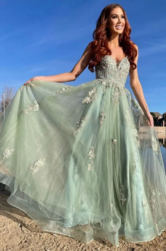Prom dresses for winter sports-Green V-neck Tulle Lace Appliques Long Prom Dress gh2211 Prom dresses for winter sports-Green V-neck Tulle Lace Appliques Long Prom Dress gh2211
