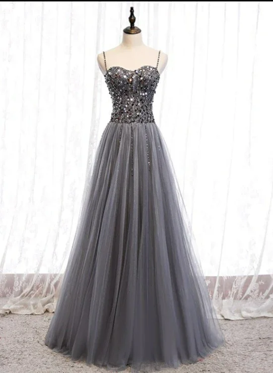 Prom dresses with patriotic colors-Grey Beaded Straps Sweetheart Shiny Tulle Long Party Dresses, Grey Long Prom Dresses  gh22