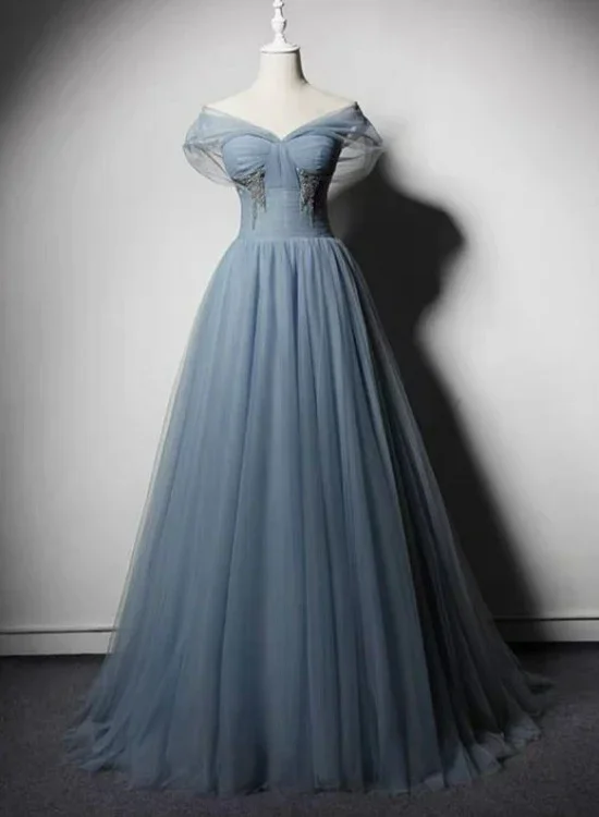 Prom dresses for Halloween-Grey-Blue Tulle Off Shoulder Beaded Long Prom Dress Party Dress, Long Evening Gowns gh16 Prom dresses for Halloween-Grey-Blue Tulle Off Shoulder Beaded Long Prom Dress Party Dress, Long Evening Gowns gh16