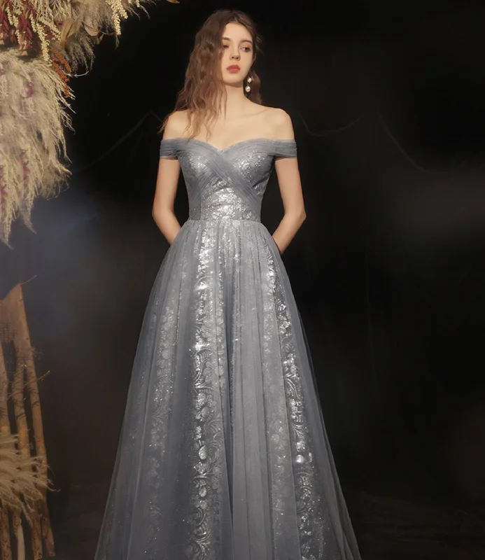 Prom dresses with floral patterns-Grey long A line prom dress off shoulder evening dress 8592 Prom dresses with floral patterns-Grey long A line prom dress off shoulder evening dress 8592
