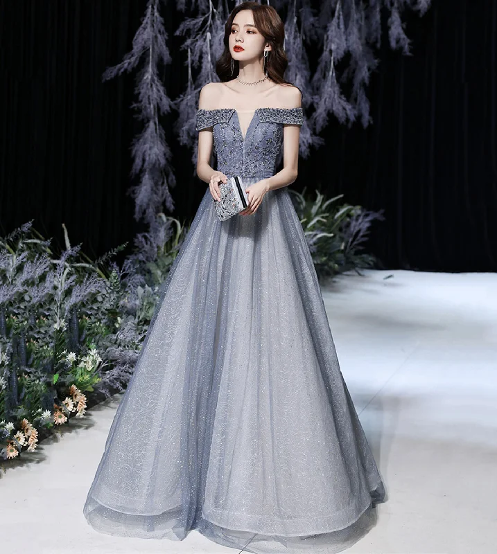 Colorful prom dresses for a fun vibe-Grey tulle beads long prom dress shiny evening dress 8569 Colorful prom dresses for a fun vibe-Grey tulle beads long prom dress shiny evening dress 8569