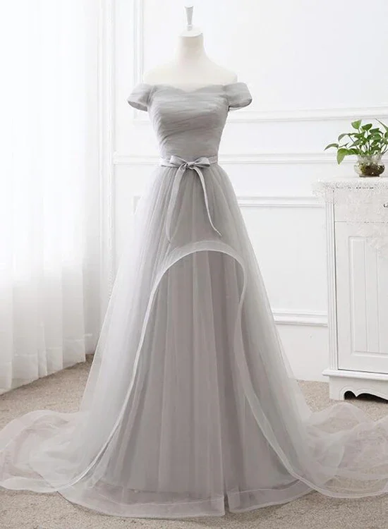 Playful prom dresses with ruffle hems-Grey Tulle Party Dress Tulle Long Formal Gown New Long Grey Gown gh554 Playful prom dresses with ruffle hems-Grey Tulle Party Dress Tulle Long Formal Gown New Long Grey Gown gh554