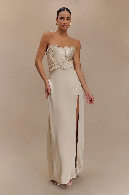 Prom dresses with countdown themes-Larissa Satin Maxi Dress With Ruched Petals - Champagne