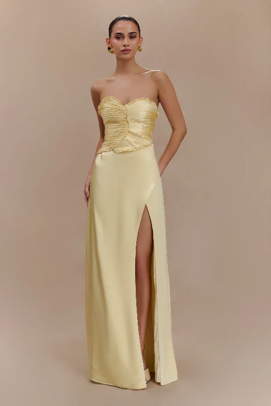 Casual prom dresses for easy comfort-Larissa Satin Maxi Dress With Ruched Petals - Lemon Casual prom dresses for easy comfort-Larissa Satin Maxi Dress With Ruched Petals - Lemon