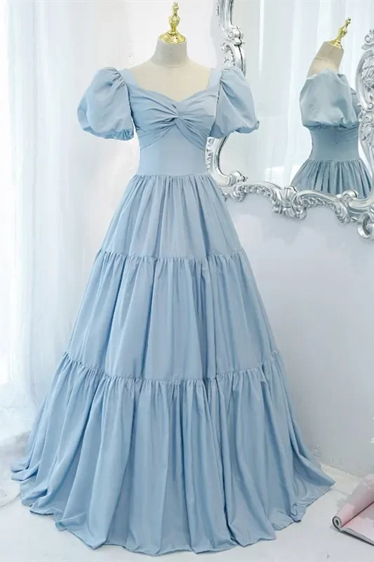 Formal prom gowns for high-end events-Light Blue A-line Long Formal Dress with Short Sleeves gh1145 Formal prom gowns for high-end events-Light Blue A-line Long Formal Dress with Short Sleeves gh1145