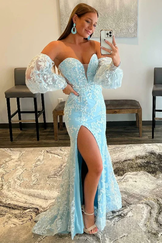 Satin prom dresses for luxurious feel-Light Blue Lace Strapless Puff Sleeve Long Prom Dress gh1806 Satin prom dresses for luxurious feel-Light Blue Lace Strapless Puff Sleeve Long Prom Dress gh1806