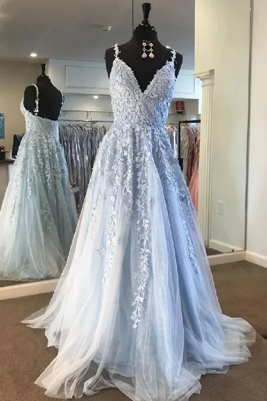 Prom dresses with floral lace designs-Light blue lace tulle long prom dress, blue formal dress gh1005 Prom dresses with floral lace designs-Light blue lace tulle long prom dress, blue formal dress gh1005