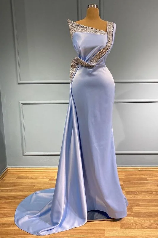 Fit and flare prom dresses for a flattering silhouette-Light Blue Sleeveless One-Shoulder Long Beads Mermaid Prom Dress With Ruffles gh2053 Fit and flare prom dresses for a flattering silhouette-Light Blue Sleeveless One-Shoulder Long Beads Mermaid Prom Dress With Ruffles gh2053