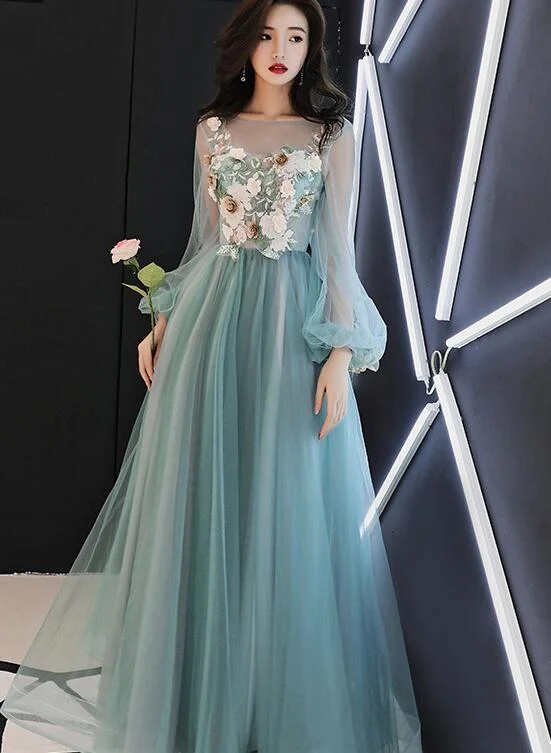 Pretty pastel-colored prom dresses-Light Green Tulle Long Party Dress With Flowers, Long Formal Dresses gh359 Pretty pastel-colored prom dresses-Light Green Tulle Long Party Dress With Flowers, Long Formal Dresses gh359