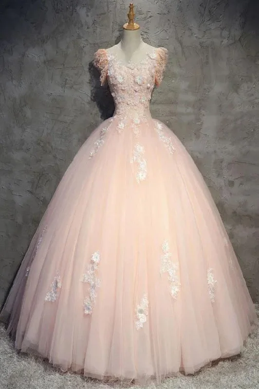 Elegant and feminine prom dresses-Light Peach Tulle Long Prom Dress With Flowers, Princess Ball Gown Sheer Neck Party Dress gh990 Elegant and feminine prom dresses-Light Peach Tulle Long Prom Dress With Flowers, Princess Ball Gown Sheer Neck Party Dress gh990