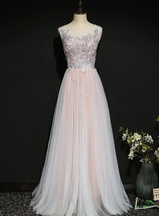 Trendy V-neck prom dresses for elegance-Light Pink Floral Tulle A-Line Prom Dress Long Party Dress gh401 Trendy V-neck prom dresses for elegance-Light Pink Floral Tulle A-Line Prom Dress Long Party Dress gh401