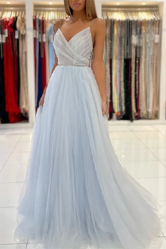 High fashion prom dresses for a chic look-Light Sky Blue Spaghetti-Straps Tulle Long Prom Dress With Beads gh660 High fashion prom dresses for a chic look-Light Sky Blue Spaghetti-Straps Tulle Long Prom Dress With Beads gh660