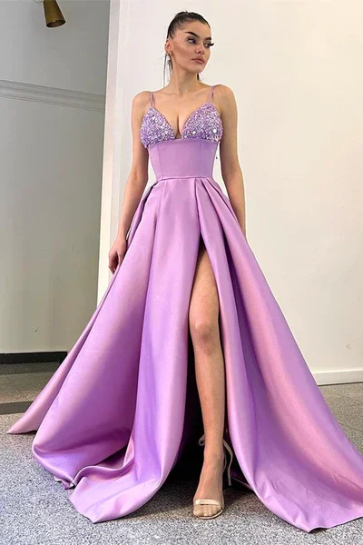 Long prom dresses for a dramatic finish-LILAC SPAGHETTI-STRAPS SLEEVELESS PROM DRESS SPLIT LONG WITH SEQUINS gh2034 Long prom dresses for a dramatic finish-LILAC SPAGHETTI-STRAPS SLEEVELESS PROM DRESS SPLIT LONG WITH SEQUINS gh2034