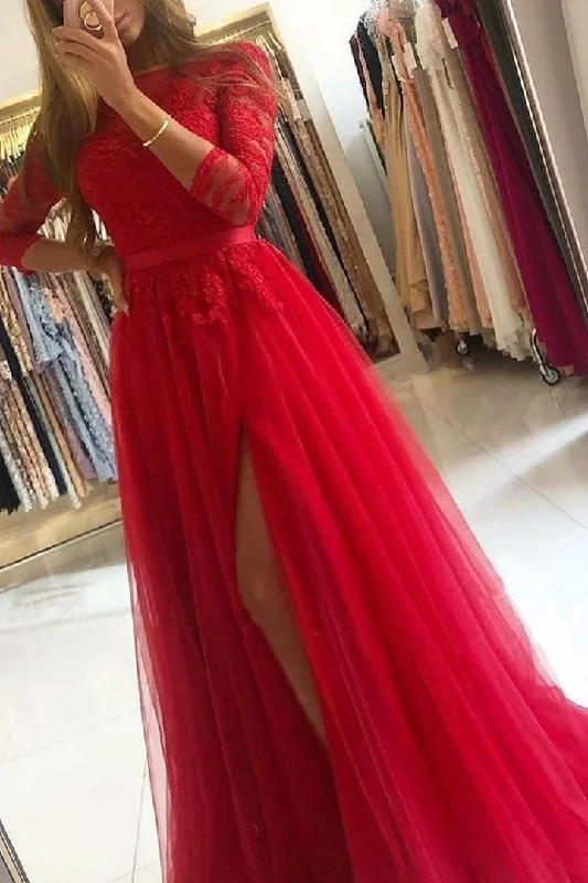 Prom dresses for Labor Day-Long Sleeves A-Line Prom Dress Split With Lace gh747