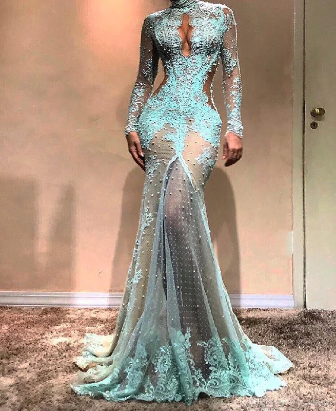 Red prom dresses for bold fashion-Long Sleeves Illusion Turqoise Prom Dress gh2178