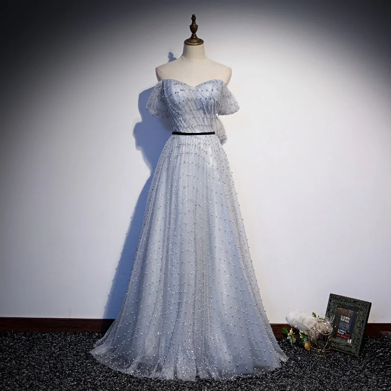 Prom dresses for summer-Lovely A line tulle pearl long prom dress evening dress 8685 Prom dresses for summer-Lovely A line tulle pearl long prom dress evening dress 8685