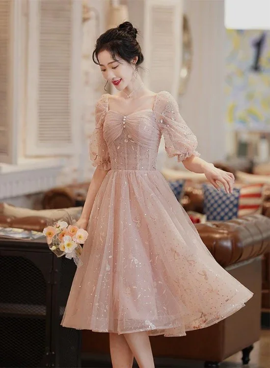 Prom dresses with hearts-Lovely Pink Lace Short Sleeves Sweetheart Vintage Style Party Dress, Pink Homecoming Dresses gh59 Prom dresses with hearts-Lovely Pink Lace Short Sleeves Sweetheart Vintage Style Party Dress, Pink Homecoming Dresses gh59