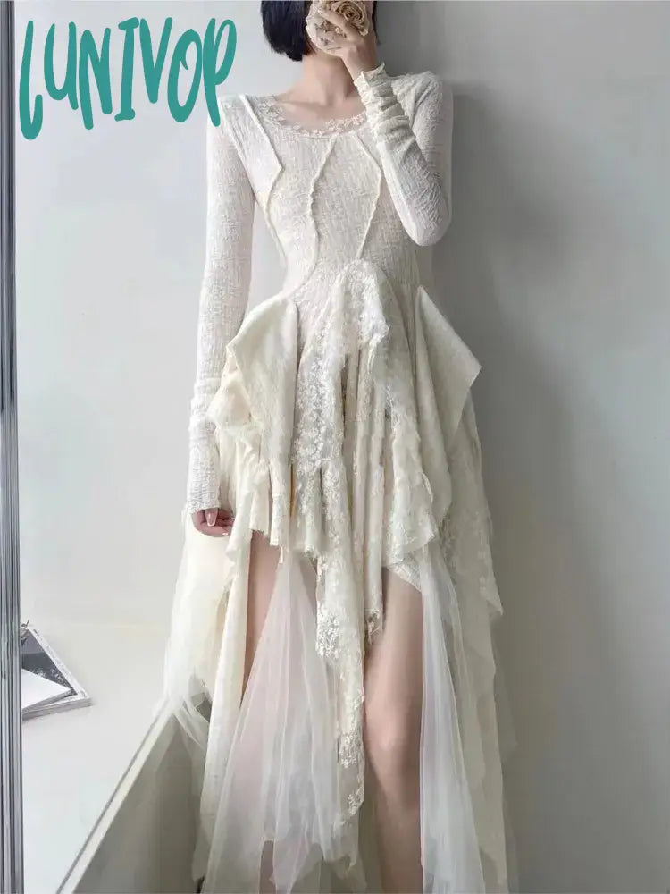 Fashion-forward prom dresses for trendy girls-Lunivop French Elegant Women's Vintage Dress Autumn Winter New Irregular Lace Splicing Evening Long Bridesmaid Party White Dress Fashion-forward prom dresses for trendy girls-Lunivop French Elegant Women's Vintage Dress Autumn Winter New Irregular Lace Splicing Evening Long Bridesmaid Party White Dress