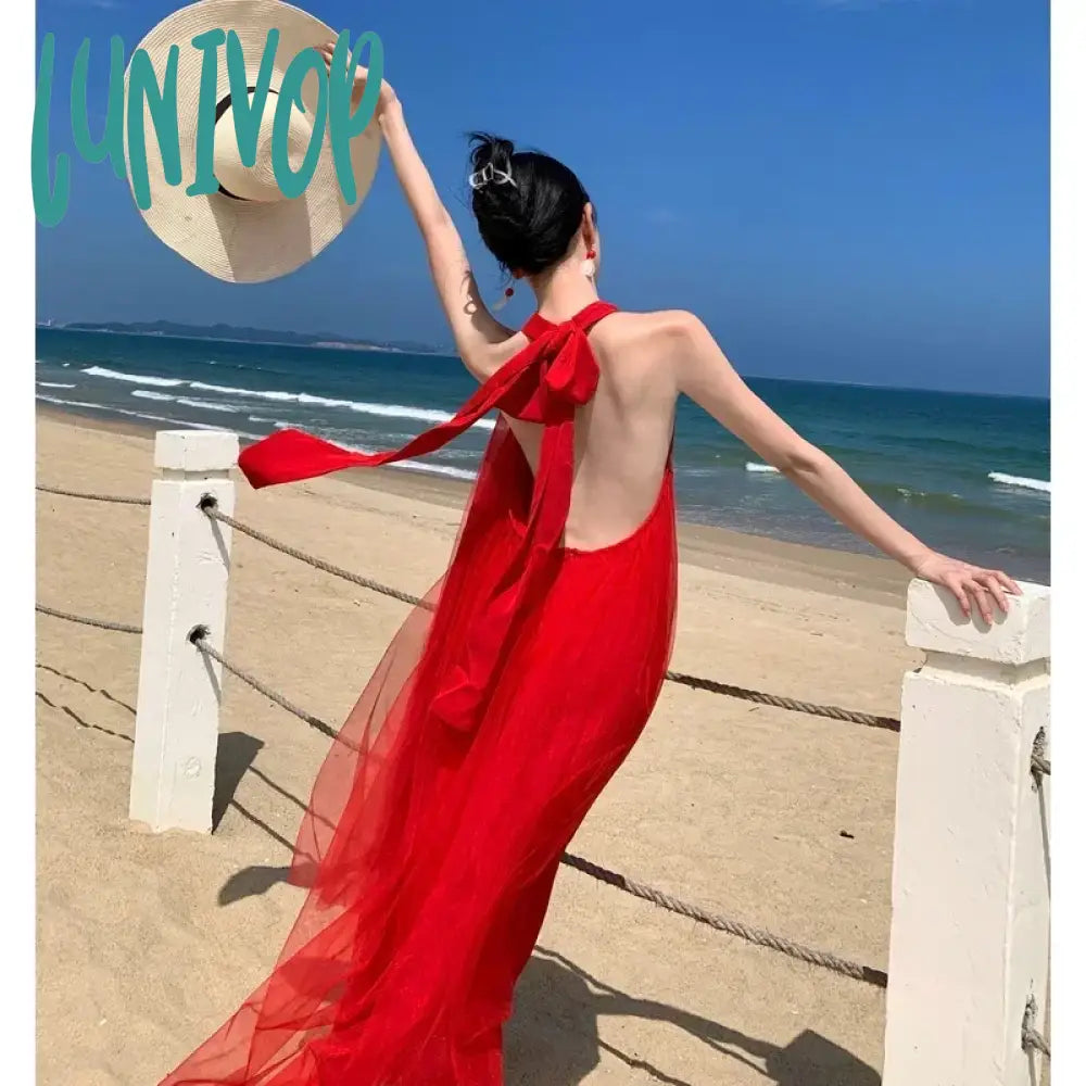 Versatile prom dresses for every occasion-Lunivop New Celebrity Women Backless Prom Dress Summer Elegant Retro Sexy Red Evening Vacation Runway Vestidos Luxury Designer
