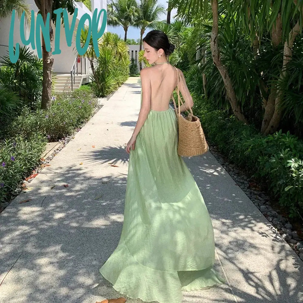Romantic prom dresses with floral details-Lunivop New Summer Fairy Halter Prom Dress Women's Maxi Ruffles Green Party Dresses Backless Tender Lolita Vacation Long Dress Romantic prom dresses with floral details-Lunivop New Summer Fairy Halter Prom Dress Women's Maxi Ruffles Green Party Dresses Backless Tender Lolita Vacation Long Dress