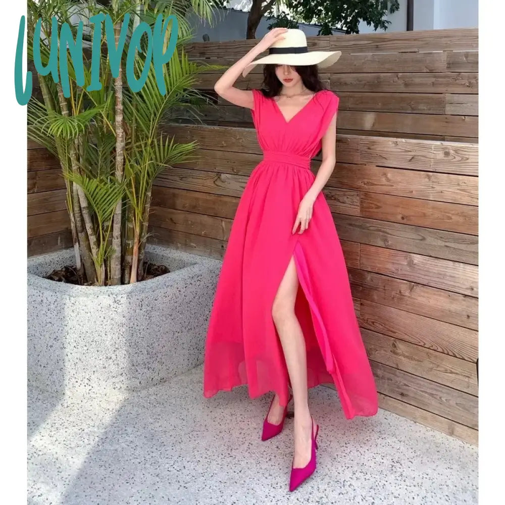 Chic dresses for prom in chiffon-Lunivop New Summer Fairy Prom Dress for Women Korean Long Celebrity High Split Chiffon Dresses Vacation Gentle Elegant Rose Red Chic dresses for prom in chiffon-Lunivop New Summer Fairy Prom Dress for Women Korean Long Celebrity High Split Chiffon Dresses Vacation Gentle Elegant Rose Red