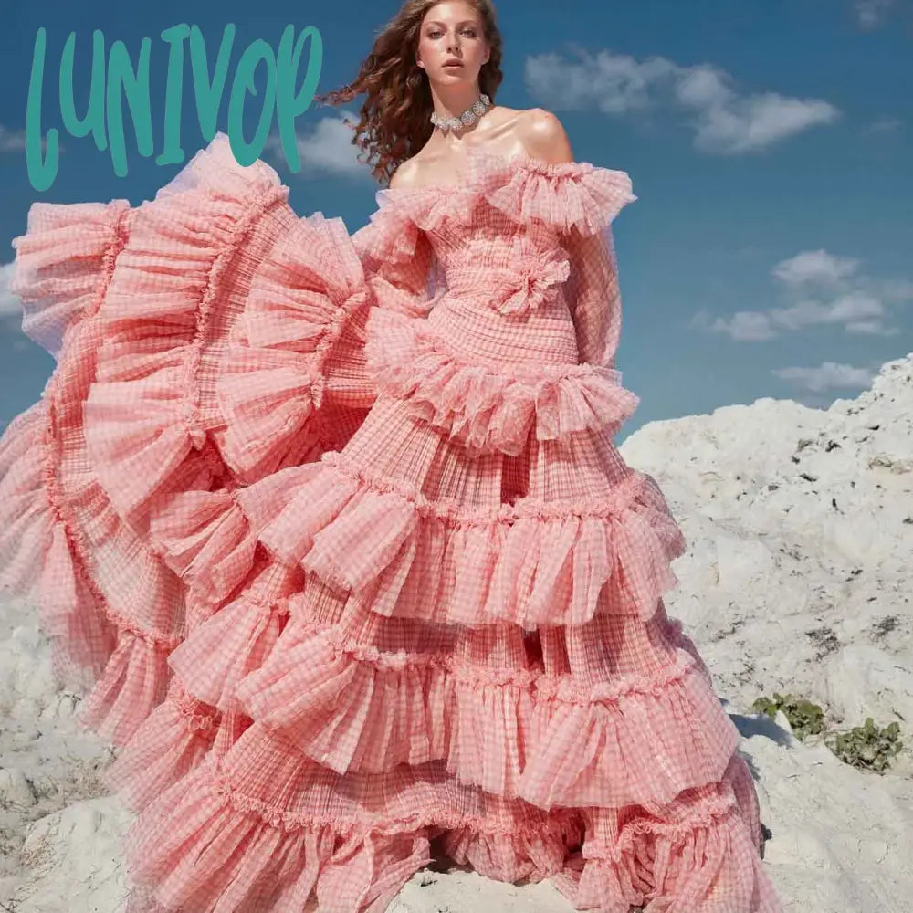 Gorgeous prom dresses with feather details-Lunivop Newest Tiered Plaid Tulle Gowns Off The Shoulder Puff Sleeves A-line Ruffles Long Prom Gowns Princess Formal Party Dresses Gorgeous prom dresses with feather details-Lunivop Newest Tiered Plaid Tulle Gowns Off The Shoulder Puff Sleeves A-line Ruffles Long Prom Gowns Princess Formal Party Dresses