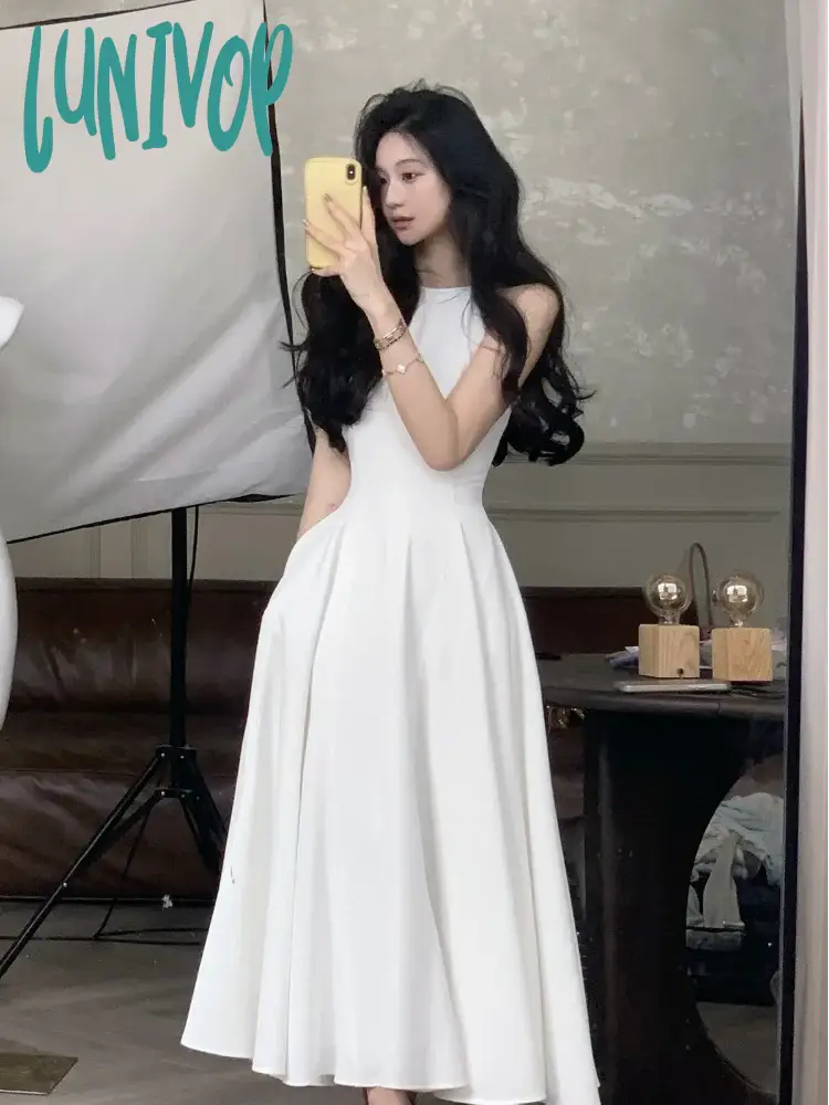 Beautiful silk prom dresses for luxury-Lunivop Summer Fashion Elegant Casual Midi Party Dress Sleeveless A-Line Solid Chic Birthday Prom Vestidos Female Clothes Robe Mujers