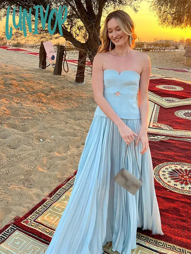 Trendy off-shoulder prom gowns for glam-Lunivop Women Elegant Strapless Pleated Maxi Dress Fashion Backless Sleeveless Chest Wrapping Dresses Summer Blue Party Evening Robes Trendy off-shoulder prom gowns for glam-Lunivop Women Elegant Strapless Pleated Maxi Dress Fashion Backless Sleeveless Chest Wrapping Dresses Summer Blue Party Evening Robes