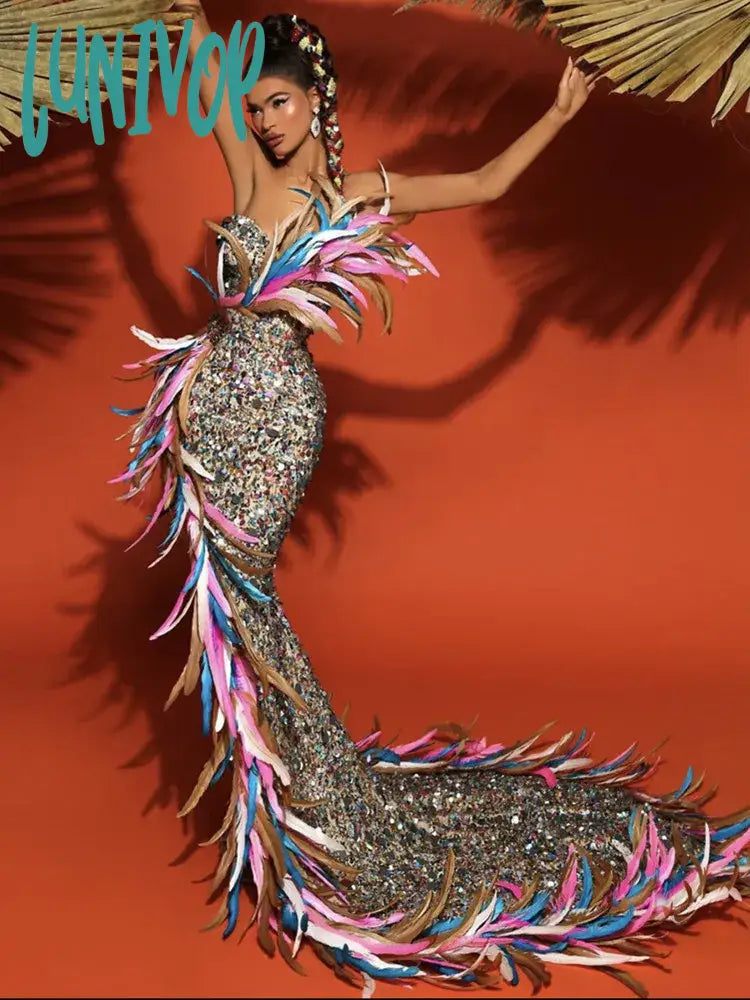 Prom dresses for New Year's Eve-Lunivop Women Summer Sexy Strapless Backless Feather Mesh Sequins Mermaid Maxi Long Dress Elegant Evening Club Party Dress Prom dresses for New Year's Eve-Lunivop Women Summer Sexy Strapless Backless Feather Mesh Sequins Mermaid Maxi Long Dress Elegant Evening Club Party Dress