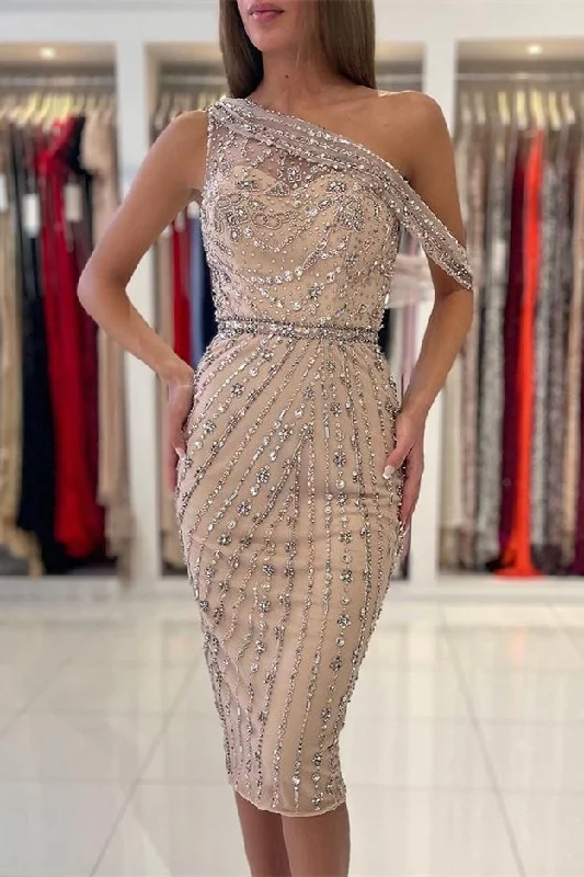 Formal prom gowns for high school events-Luxurious One Shoulder Sheath Short Prom Dress Knee-Length With Crystals gh715 Formal prom gowns for high school events-Luxurious One Shoulder Sheath Short Prom Dress Knee-Length With Crystals gh715