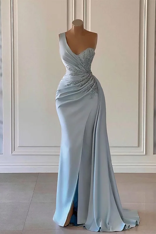 Strapless prom dresses for a daring style-Luxury Sky Blue One-Shoulder Prom Dress Mermaid Split With Ruffles gh2061 Strapless prom dresses for a daring style-Luxury Sky Blue One-Shoulder Prom Dress Mermaid Split With Ruffles gh2061