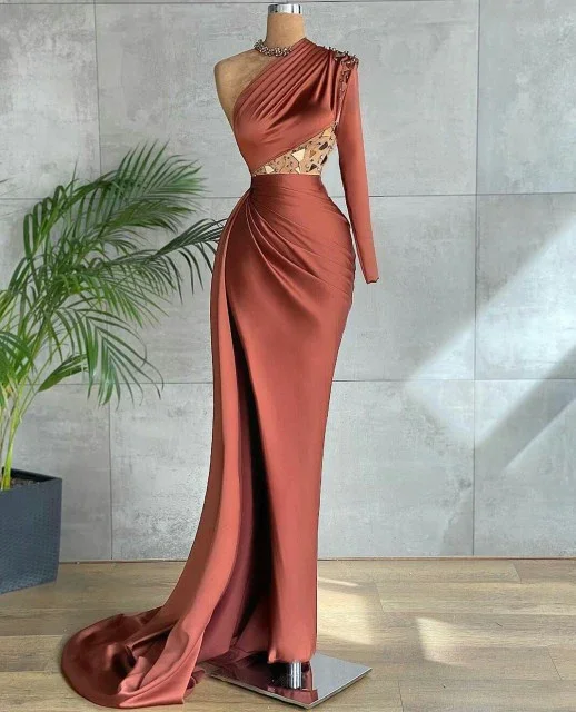 Trendy prom dresses for high school-ONE SHOULDER HIGH SIDE SPLIT PROM DRESS  gh2201
